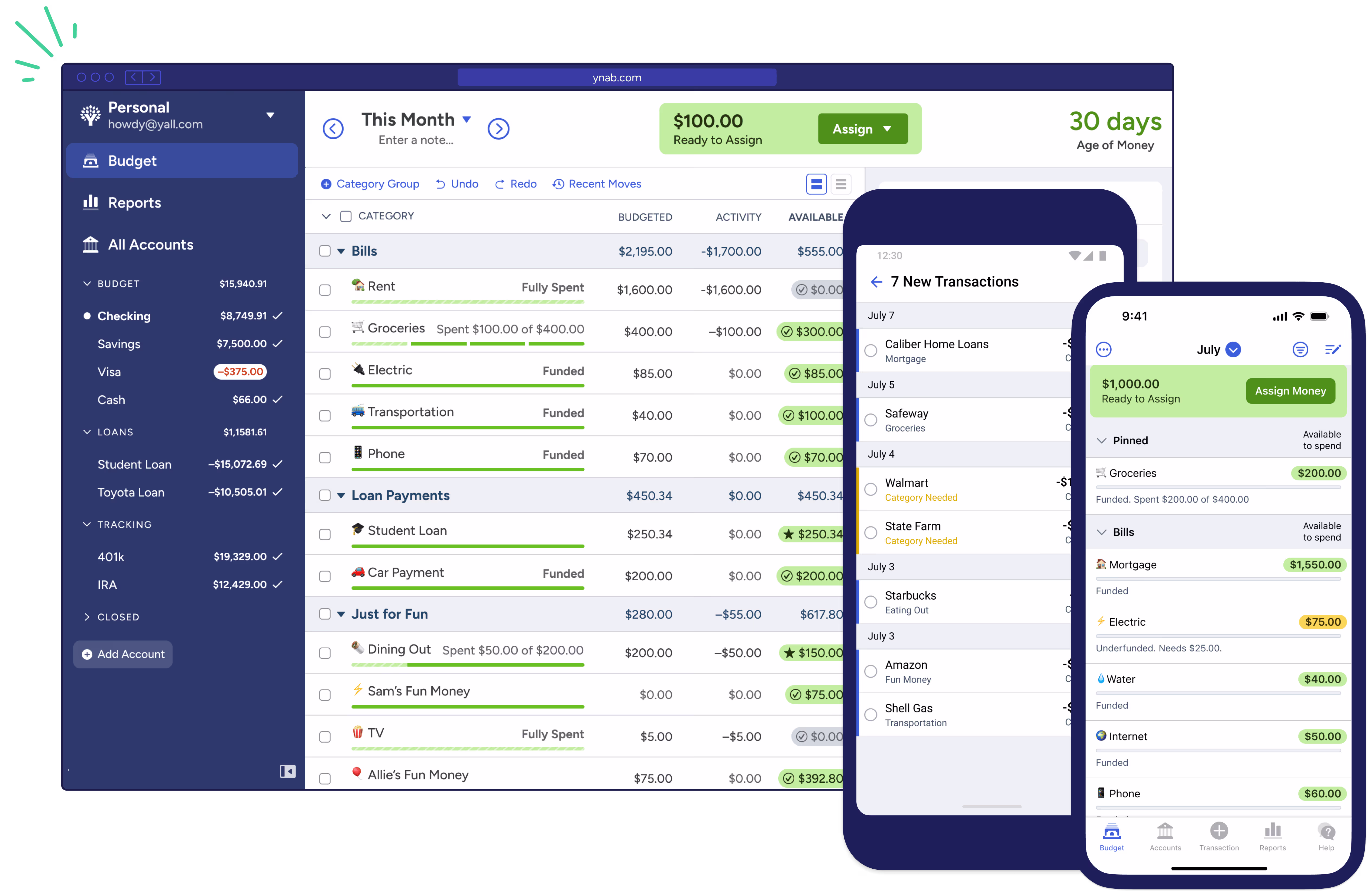A display of the YNAB app on a web browser and two mobile phones